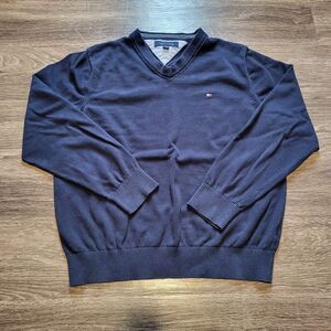 Tommy Hilfiger Men's V Neck Cotton Navy Sweater - Size Large